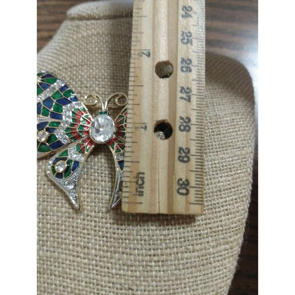 Large Rhinestone Enamel Butterfly Brooch Colorful Bold Runway Gold Tone - Picture 4 of 6